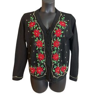 B.P. Design Women's Black Embroidered Christmas Ugly Cardigan Sweater Medium